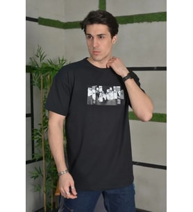 Erkek Kısa Kol Yazlık Tişört Bisiklet Yaka Baskılı Oversize T-Shirt - Siyah