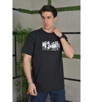 Erkek Kısa Kol Yazlık Tişört Bisiklet Yaka Baskılı Oversize T-Shirt - Siyah