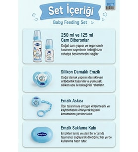 BabyTime 5 Parça Cam Biberon Beslenme Seti 250 ml 125 ml Damaklı Emzik Askı Saklama Kabı Mavi Ak517