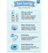 BabyTime 5 Parça Cam Biberon Beslenme Seti 250 ml 125 ml Damaklı Emzik Askı Saklama Kabı Mavi Ak517
