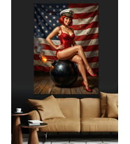 Amerikan Bayraklı Pin-Up Kadın Dekoratif Kanvas - Mdf Ahşap Tablo