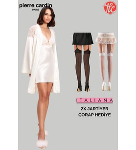 Pierre Cardin Kadın 6'lı Saten Gecelik Sabahlık Pijama Takım Şort Takım Gelin Çeyiz Set 2X Jartiyer Çorap Hediyeli