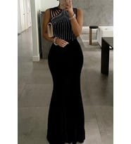 Kadın Omuz çoklu Askılı önü Taş Işlemeli Balık Kesim Janjan Krep Maxi Boy Elbise