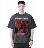Tasarım Itachi Uchiha Naruto Anime Baskılı Unisex Oversize Eskitme Yıkamalı Tişört