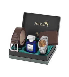 Polo Air Mercek Takvimli Erkek Kol Saati Cüzdan Kemer 55 ml Parfüm Kombin Gümüş Kahve Renk PL-0988E4 (Beyaz-Kahve)
