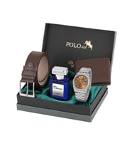 Polo Air Mercek Takvimli Erkek Kol Saati Cüzdan Kemer 55 ml Parfüm Kombin Gümüş Kahve Renk PL-0988E4 (Beyaz-Kahve)