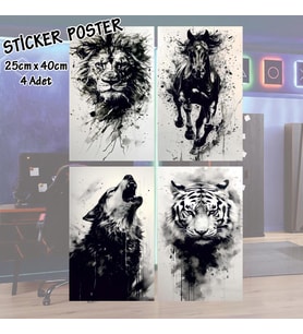 uluyan kurt aslan kaplan at - 4 adet yapışkanlı poster sticker etiketler - dolap cam oda için