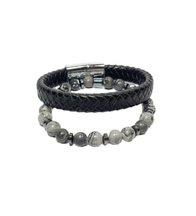 JTSS26BLK1855 JASPER HEMATİT DOĞALTAŞ ESNEK ve MIKNATISLI KİLİT HAKİKİ DERİ MAZLZEME SİYAH GRİ 8 MM GARANTİLİ KUTULU KOMBİN JANTİ BİLEKLİK