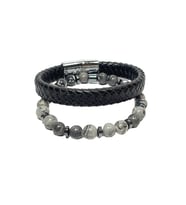 JTSS26BLK1855 JASPER HEMATİT DOĞALTAŞ ESNEK ve MIKNATISLI KİLİT HAKİKİ DERİ MAZLZEME SİYAH GRİ 8 MM GARANTİLİ KUTULU KOMBİN JANTİ BİLEKLİK