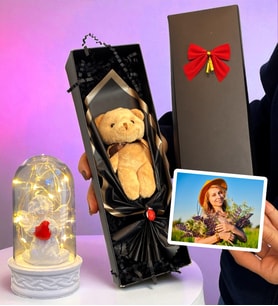 Size Özel Fotoğraflı Kutuda Kahve Peluş Ayıcık ve Led Işık (Model 2)