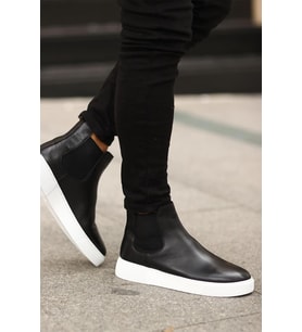 Shoetyle - Siyah Hakiki Deri Erkek Chelsea Bot - Beyaz Taban -  250-041