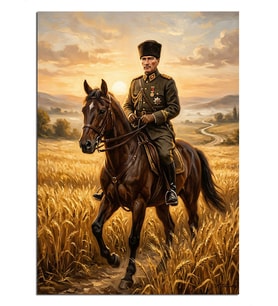 Buğday Tarlasında Atlı ve Kalpaklı Atatürk Dekoratif Kanvas - Mdf Ahşap Tablo