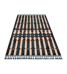 Bohem Salon Halısı Lacivert Etnik Geometrik Desenli Makine Dokuma Bambu Polyester Karışımlı