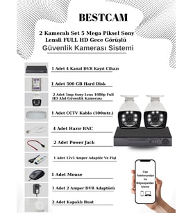 BESTCAM 2 Kameralı Set 5 Mega Piksel Sony Lensli FULL HD Gece Görüşlü Güvenlik Kamera Seti 500 GB Hard disk