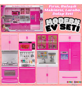 Anlily Dörtlü Mutfak Seti - Barbie Modern Mutfak Seti - Işıklı Sesli Mutfak Oyuncak - Fırın, Buzdola