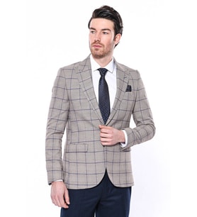 Ekose Slim Fit Bej Erkek Ceket - Wessi