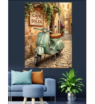 İtalyan Sokağında Yeşil Retro Scooter Dekoratif Kanvas - Mdf Ahşap Tablo