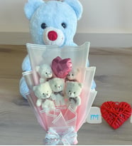 Premium 35 cm Peluş Ayı ve Kalp Balonlu Romantik Pembe Peluş Ayıcık Buketi (Açık Mavi)