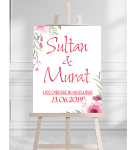 Söz Nişan Düğün İçin 50x70 Karşılama Panosu - Pembe Ren Çiçek Temalı