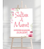Söz Nişan Düğün İçin 50x70 Karşılama Panosu - Pembe Ren Çiçek Temalı