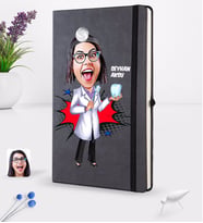 BK Gift Kişiye Özel Kadın Diş Hekimi Karikatürlü Siyah Termo Deri Defter 16x24cm Model 2