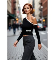 Kadın Siyah Renk Bloklu Asimetrik Yaka Fitted Crop Uzun Kol İnce Triko Kazak İlkbahar Sonbahar
