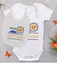 BK Kids Dayımı Çok Seviyorum Tasarımlı Bebek Body Zıbın ve Mama Önlüğü Hediye Seti - Model 1