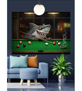 Bilardo Oynayan Köpek Balığı Dekoratif Kanvas - Mdf Ahşap Tablo