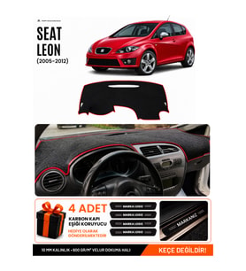 SEAT LEON (2005-2012) Uyumlu Torpido Örtüsü Torpido Kılıfı - Siyah Kırmızı