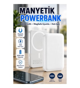 5000 mAh Manyetik Kablosuz Powerbank – 15W MagSafe Uyumlu USB-C ve USB-A