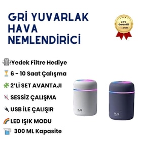H2O Renkkli LED Işıklı 300 ML Taşınabilir USB Hava Nemlendirici ve Aroma Difüzörü - 2'li Set (Beyaz & Gri)