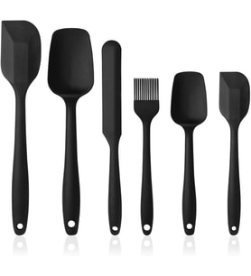 Silikon mutfak yardımcısı, 6 adet silikon spatula, çorba kaşığı, fırın fırçası, spatula, ısıya dayanıklı ve yapışmaz, paslanmaz çelik ve dikişsiz tek parça tasarım (siyah)