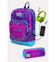 Coral High Kids Mor Mavi Pembe Kalp Desenli USB'li 2'li Okul Çanta Seti - Kız Çocuk
