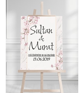 Söz Nişan Düğün İçin 50x70 Karşılama Panosu - Pembe Renkleri Çiçek Temalı