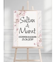 Söz Nişan Düğün İçin 50x70 Karşılama Panosu - Pembe Renkleri Çiçek Temalı