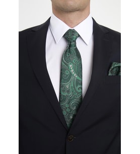 Bianze Yeşil Beyaz Şal Motif Desen Kravat Mendil Set (Yeşil-Beyaz)