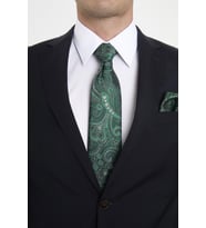 Bianze Yeşil Beyaz Şal Motif Desen Kravat Mendil Set (Yeşil-Beyaz)