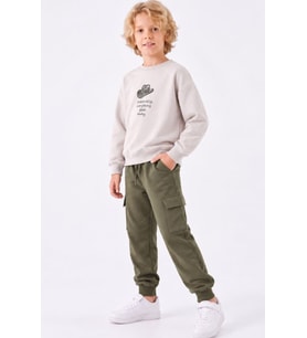 Erkek Çocuk Şapka Baskılı Sırtı At Figürlü Sweatshirt Kargo Cepli Yeşil Eşofman