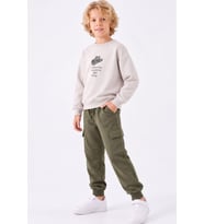 Erkek Çocuk Şapka Baskılı Sırtı At Figürlü Sweatshirt Kargo Cepli Yeşil Eşofman