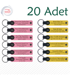 Pembe & Sarı, 20’li Set, Kişiye Özel Yazılı Deri Anahtarlık, Düğün Davetlilerine Anlamlı Hediye