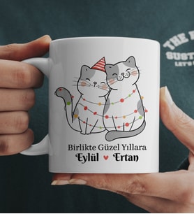 Yılbaşı Kedi Çizimli Kedili İsimli Kupa