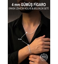 925 Ayar Gümüş Erkek Kolye ve Bileklik 4 mm Figaro Zincir Set ST421