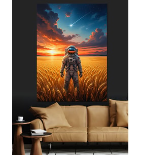 Tarlada Yürüyen Astronot Resmi Dekoratif Kanvas - Mdf Ahşap Tablo