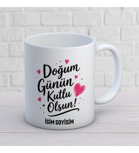 Kişiye Özel Doğum Günün Kutlu Olsun Baskılı Kupa – Kalp Detaylı İsimli Yaş Gün Hediyesi