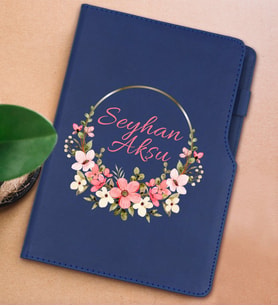 BK Gift Kişiye Özel Çiçek Tasarımlı Lacivert Termo Deri Not Defteri 15x21cm-23