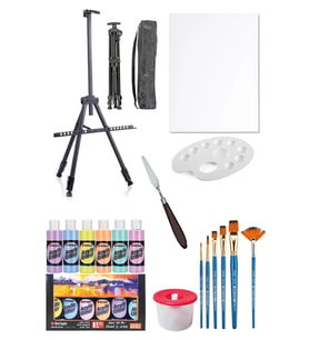 Rich Mastermix Akrilik Boya Seti 6 Pastel Renk 3 Ayaklı Şövale 35x50 Tuval Metal Şövale Metal Spatül