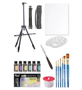 Rich Mastermix Akrilik Boya Seti 6 Pastel Renk 3 Ayaklı Şövale 35x50 Tuval Metal Şövale Metal Spatül