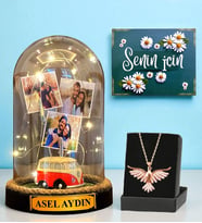 Premium Set - Kişiye Özel Led Işıklı Fanus ve Zümrüdü Anka Kuşu Kolyesi (Model 6)
