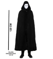 pilelistore Siyah Kapüşonlu 120 cm Pelerin ve Beyaz Boyanabilir Tam Yüz Maske