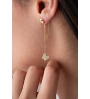 925 Ayar Gümüş Gold Kaplama 5 Mm Tektaş Sallantılı Zincir Zirkon Taşlı Kelebek Küpe